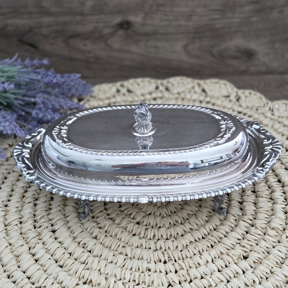 Sheridan Butter Dish Silver Ornate Footed Oval Covered Serving Tray